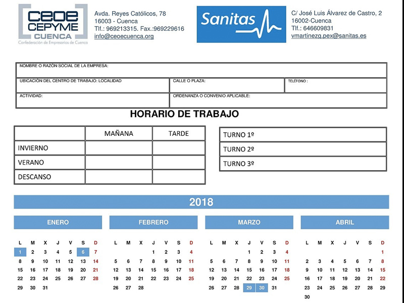 CEOE CEPYME Cuenca ha comunicado a sus empresas el calendario laboral de 2018 - imagen 1