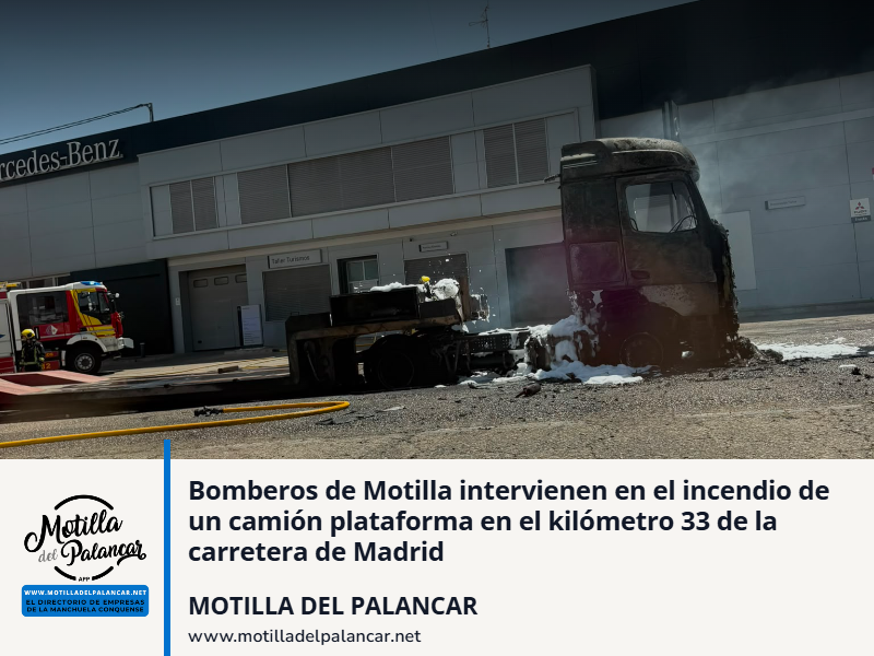 Bomberos de Motilla intervienen en el incendio de un camión plataforma en el kilómetro 33 de la carretera de Madrid - imagen 1
